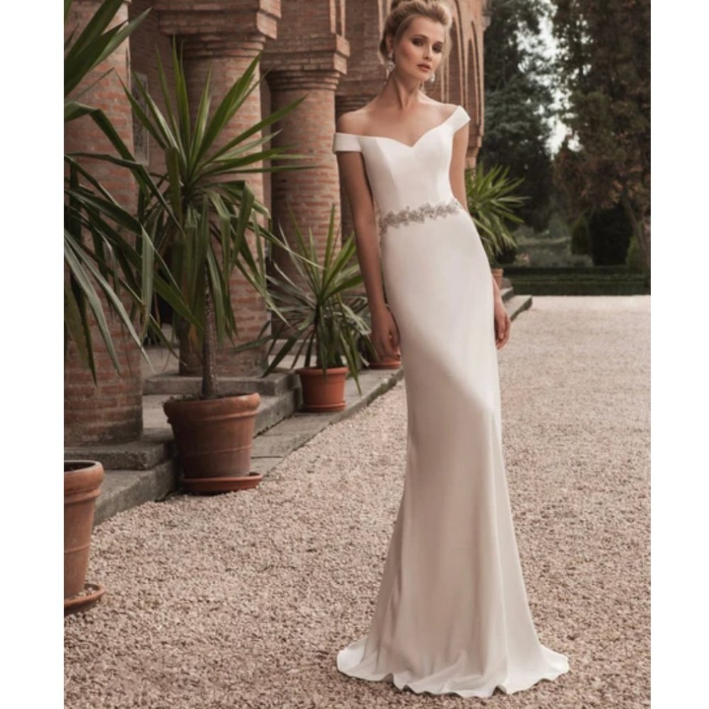 Doris Wedding - Off-the-shoulder V-neck Crystal Decorated Sheath Dress (Size 2)